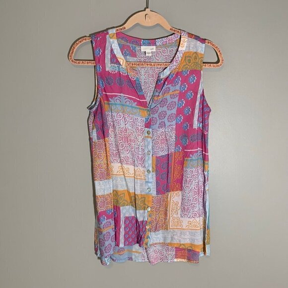 J. Jill sleeveless lightweight pastchwork vneck pullover shirt top blouse - Picture 1 of 8